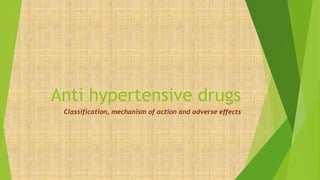 Anti hypertensive drugs
Classification, mechanism of action and adverse effects
 