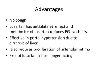 Advantages
• No cough
• Losartan has antiplatelet effect and
metabolite of losartan reduces PG synthesis
• Effective in portal hypertension due to
cirrhosis of liver
• also reduces proliferation of arteriolar intima
• Except losartan all are longer acting
 