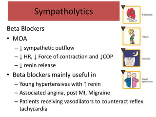 Sympatholytics
Beta Blockers
• MOA
– ↓ sympathetic outflow
– ↓ HR, ↓ Force of contraction and ↓COP
– ↓ renin release
• Beta blockers mainly useful in
– Young hypertensives with ↑ renin
– Associated angina, post MI, Migraine
– Patients receiving vasodilators to counteract reflex
tachycardia
 