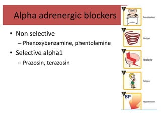Alpha adrenergic blockers
• Non selective
– Phenoxybenzamine, phentolamine
• Selective alpha1
– Prazosin, terazosin
 