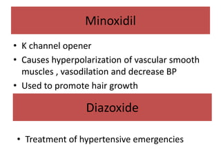 Minoxidil
• K channel opener
• Causes hyperpolarization of vascular smooth
muscles , vasodilation and decrease BP
• Used to promote hair growth
Diazoxide
• Treatment of hypertensive emergencies
 