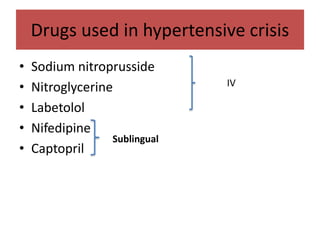 Drugs used in hypertensive crisis
• Sodium nitroprusside
• Nitroglycerine
• Labetolol
• Nifedipine
• Captopril
IV
Sublingual
 