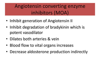 Angiotensin converting enzyme
inhibitors (MOA)
• Inhibit generation of Angiotensin II
• Inhibit degradation of bradykinin which is
potent vasodilator
• Dilates both arteries & vein
• Blood flow to vital organs increases
• Decrease aldosterone production indirectly
 