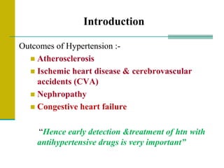 Introduction
Outcomes of Hypertension :-
 Atherosclerosis
 Ischemic heart disease & cerebrovascular
accidents (CVA)
 Nephropathy
 Congestive heart failure
“Hence early detection &treatment of htn with
antihypertensive drugs is very important”
 