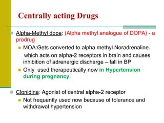 Centrally acting Drugs
 Alpha-Methyl dopa: (Alpha methyl analogue of DOPA) - a
prodrug
 MOA:Gets converted to alpha methyl Noradrenaline.
which acts on alpha-2 receptors in brain and causes
inhibition of adrenergic discharge – fall in BP
 Only used therapeutically now in Hypertension
during pregnancy.
 Clonidine: Agonist of central alpha-2 receptor
 Not frequently used now because of tolerance and
withdrawal hypertension
 