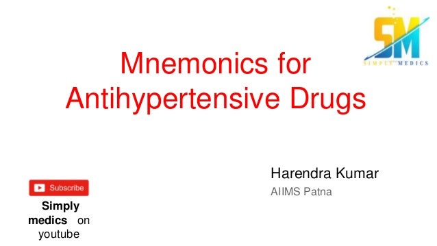 Mnemonics for
Antihypertensive Drugs
Harendra Kumar
AIIMS Patna
Simply
medics on
youtube
 