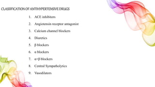CLASSIFICATIONOFANTIHYPERTENSIVEDRUGS
1. ACE inhibitors
2. Angiotensin receptor antagonist
3. Calcium channel blockers
4. Diuretics
5. β blockers
6. α blockers
7. α+β blockers
8. Central Sympatholytics
9. Vasodilators
 