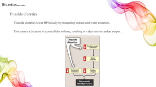 Diuretics…….
Thiazide diuretics
Thiazide diuretics lower BP initially by increasing sodium and water excretion.
This causes a decrease in extracellular volume, resulting in a decrease in cardiac output .
 