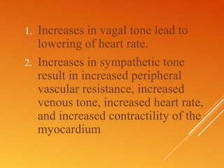 1. Increases in vagal tone lead to
lowering of heart rate.
2. Increases in sympathetic tone
result in increased peripheral
vascular resistance, increased
venous tone, increased heart rate,
and increased contractility of the
myocardium
 