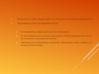1. An increase in renin release leads to an increase in circulating angiotensin II.
2. The primary actions of angiotensin II are:
a) To stimulate the synthesis and secretion of aldosterone.
b) To raise blood pressure by direct vasoconstrictor effects (angiotensin II is one of
the most potent vasoconstrictors known).
c) Aldosterone acts on the kidney to retain Na+ (and therefore water), leading to an
increase in blood volume
 
