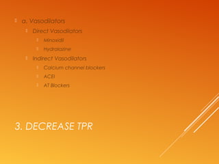3. DECREASE TPR
 a. Vasodilators
 Direct Vasodilators
 Minoxidil
 Hydralazine
 Indirect Vasodilators
 Calcium channel blockers
 ACEI
 AT Blockers
 