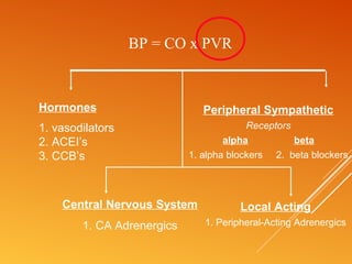 BP = CO x PVR
Hormones
1. vasodilators
2. ACEI’s
3. CCB’s
Central Nervous System
1. CA Adrenergics
Peripheral Sympathetic
Receptors
alpha beta
1. alpha blockers 2. beta blockers
Local Acting
1. Peripheral-Acting Adrenergics
 