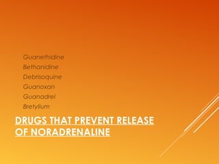 DRUGS THAT PREVENT RELEASE
OF NORADRENALINE
Guanethidine
Bethanidine
Debrisoquine
Guanoxan
Guanadrel
Bretylium
 