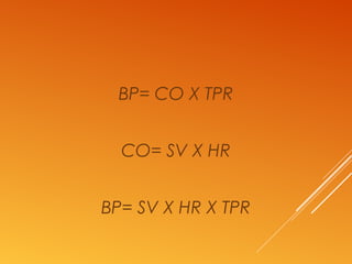 BP= CO X TPR
CO= SV X HR
BP= SV X HR X TPR
 