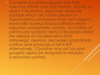 Clonidine is a partial agonist with high
selective affinity and high intrinsic activity at
alpha 2 receptors, especially alpha 2A
subtype which are mainly present in
hypothalamus and lower brain stem regions,
especially nucleus tractus solitarius which
regulates sympathetic activity. Activation of
central pre-synaptic alpha 2 receptors inhibit
the release of noradrenaline from
adrenergic neurons, decreases sympathetic
outflow and produces a fall in B.P.
Alternatively, Clonidine may act on post-
synaptic alpha 2A receptors in medulla
(vasomotor centre)
 