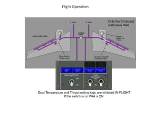 Flight Operation

Only the 3 inboard
slats have WAI

Duct Temperature and Thrust setting logic are inhibited IN FLIGHT
If the switch is on WAI is ON.

 