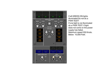 If all GREEN ON lights
illuminated Do not do a
PWR TEST!
If one light is not illuminated
do a PWR TEST. If light
does not come on the power
supply has failed.
Maximum speed 250 Knots.
Below 10,000 Feet.

 