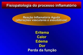 Fisiopatologia do processo inflamatório


           Reação Inflamatória Aguda
     (alterações vasculares e exsudativas)



                 Eritema
                  Calor
                 Edema
                   Dor
             Perda da função
 