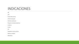 INDICACIONES
AR
LES
Fiebre Reumatica
Asma bronquial
Anemias aplasicas
Purpura trombocitopenica
Linfoma
Crohn
CU
Hepatitis cronica activa
Edema cerebral
Miastenia
 