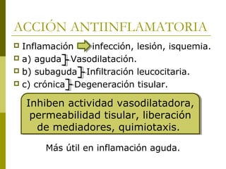 ACCIÓN ANTIINFLAMATORIA
Inflamación
infección, lesión, isquemia.
 a) aguda Vasodilatación.
 b) subaguda Infiltración leucocitaria.
 c) crónica Degeneración tisular.


Inhiben actividad vasodilatadora,
Inhiben actividad vasodilatadora,
permeabilidad tisular, liberación
permeabilidad tisular, liberación
de mediadores, quimiotaxis.
de mediadores, quimiotaxis.
Más útil en inflamación aguda.

 