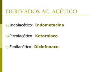 DERIVADOS AC. ACÉTICO
a) Indolacético:

Indometacina

b) Pirrolacético:

Ketorolaco

c)

Fenilacético: Diclofenaco

 