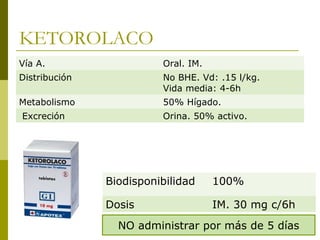 KETOROLACO
Vía A.

Oral. IM.

Distribución

No BHE. Vd: .15 l/kg.
Vida media: 4-6h

Metabolismo

50% Hígado.

Excreción

Orina. 50% activo.

Biodisponibilidad

100%

Dosis

IM. 30 mg c/6h

NO administrar por más de 5 días

 