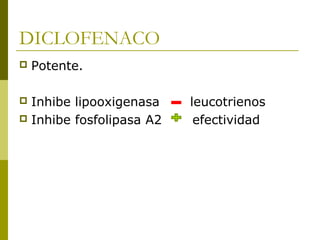 DICLOFENACO


Potente.

Inhibe lipooxigenasa
 Inhibe fosfolipasa A2


leucotrienos
efectividad

 