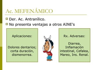 Ac. MEFENÁMICO
Der. Ac. Antranílico.
 No presenta ventajas a otros AINE’s


Aplicaciones:

Rx. Adversas:

Dolores dentarios;
corta duración,
dismenorrea.

Diarrea,
Inflamación
intestinal, Cefalea,
Mareo, Ins. Renal.

 