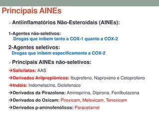 Principais AINEs
Antiinflamatórios Não-Esteroidais (AINEs):
1-Agentes não-seletivos:
Drogas que inibem tanto a COX-1 quanto a COX-2
2-Agentes seletivos:
Drogas que inibem especificamente a COX-2
Principais AINEs não-seletivos:
Salicilatos: AAS
Derivados Arilpropiônicos: Ibuprofeno, Naproxeno e Cetoprofeno
Indóis: Indometacina, Diclofenaco
Derivados da Pirazolona: Aminopirina, Dipirona, Fenilbutazona
Derivados do Oxicam: Piroxicam, Meloxicam, Tenoxicam
Derivados p-aminofenólicos: Paracetamol
 