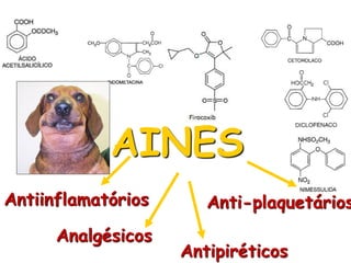 AINES
Antiinflamatórios
Analgésicos
Antipiréticos
Anti-plaquetários
 