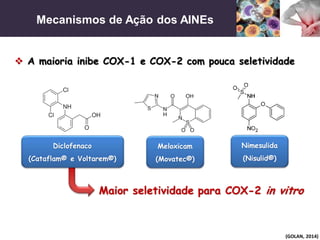Mecanismos de Ação dos AINEs
(GOLAN, 2014)
 A maioria inibe COX-1 e COX-2 com pouca seletividade
Maior seletividade para COX-2 in vitro
Diclofenaco
(Cataflam® e Voltarem®)
Meloxicam
(Movatec®)
Nimesulida
(Nisulid®)
 