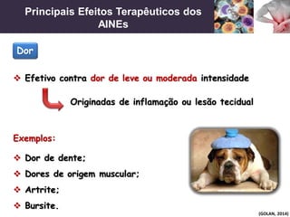 Principais Efeitos Terapêuticos dos
AINEs
(GOLAN, 2014)
 Efetivo contra dor de leve ou moderada intensidade
Originadas de inflamação ou lesão tecidual
Exemplos:
Dor
 Dor de dente;
 Dores de origem muscular;
 Artrite;
 Bursite.
 