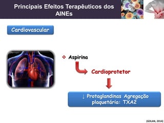 Principais Efeitos Terapêuticos dos
AINEs
(GOLAN, 2014)
 Aspirina
Cardiovascular
Cardioprotetor
↓ Protaglandinas Agregação
plaquetária: TXA2
 