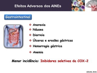 Efeitos Adversos dos AINEs
(GOLAN, 2014)
 Anorexia
Gastrointestinal
 Náusea
 Hemorragia gástrica
 Úlceras e erosões gástricas
 Diarreia
 Anemia
Menor incidência: Inibidores seletivos da COX-2
 