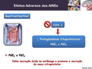 Efeitos Adversos dos AINEs
(GOLAN, 2014)
Gastrointestinal
COX-1
↓ Protaglandinas Citoprotetoras:
PGE2 e PGI2
 PGE2 e PGI2
Inibe secreção ácida no estômago e promove a secreção
do muco citroprotetor
 