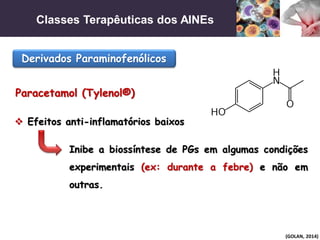 Classes Terapêuticas dos AINEs
(GOLAN, 2014)
Derivados Paraminofenólicos
Paracetamol (Tylenol®)
 Efeitos anti-inflamatórios baixos
Inibe a biossíntese de PGs em algumas condições
experimentais (ex: durante a febre) e não em
outras.
 