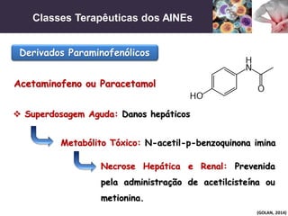 Classes Terapêuticas dos AINEs
(GOLAN, 2014)
Derivados Paraminofenólicos
Acetaminofeno ou Paracetamol
 Superdosagem Aguda: Danos hepáticos
Metabólito Tóxico: N-acetil-p-benzoquinona imina
Necrose Hepática e Renal: Prevenida
pela administração de acetilcisteína ou
metionina.
 