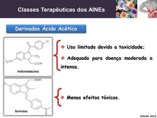 Classes Terapêuticas dos AINEs
(GOLAN, 2014)
Derivados Ácido Acético
 Uso limitado devido a toxicidade;
 Menos efeitos tóxicos.
 Adequado para doença moderada a
intensa.
Sulindac
 