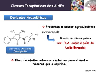 Classes Terapêuticas dos AINEs
(GOLAN, 2014)
Derivados Pirazolônicos
 Risco de efeitos adversos similar ao parecetamol e
menores que a aspirina.
 Propensos a causar agranulocitose
irreversível;
Dipirona ou Metamizol
(Novalgina®)
Banido em vários países
(ex: EUA, Japão e paíse da
União Europeia)
 