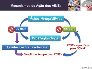 Mecanismos de Ação dos AINEs
(GOLAN, 2014)
Ácido Araquidônico
COX-1 COX-2
Complica a terapia com AINEs
 Eventos gástricos adversos
Prostaglandinas
AINEs específicos
para COX-2
 