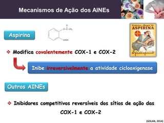 Mecanismos de Ação dos AINEs
(GOLAN, 2014)
 Modifica covalentemente COX-1 e COX-2
Aspirina
Inibe irreversivelmente a atividade ciclooxigenase
 Inibidores competitivos reversíveis dos sítios de ação das
COX-1 e COX-2
Outros AINEs
 