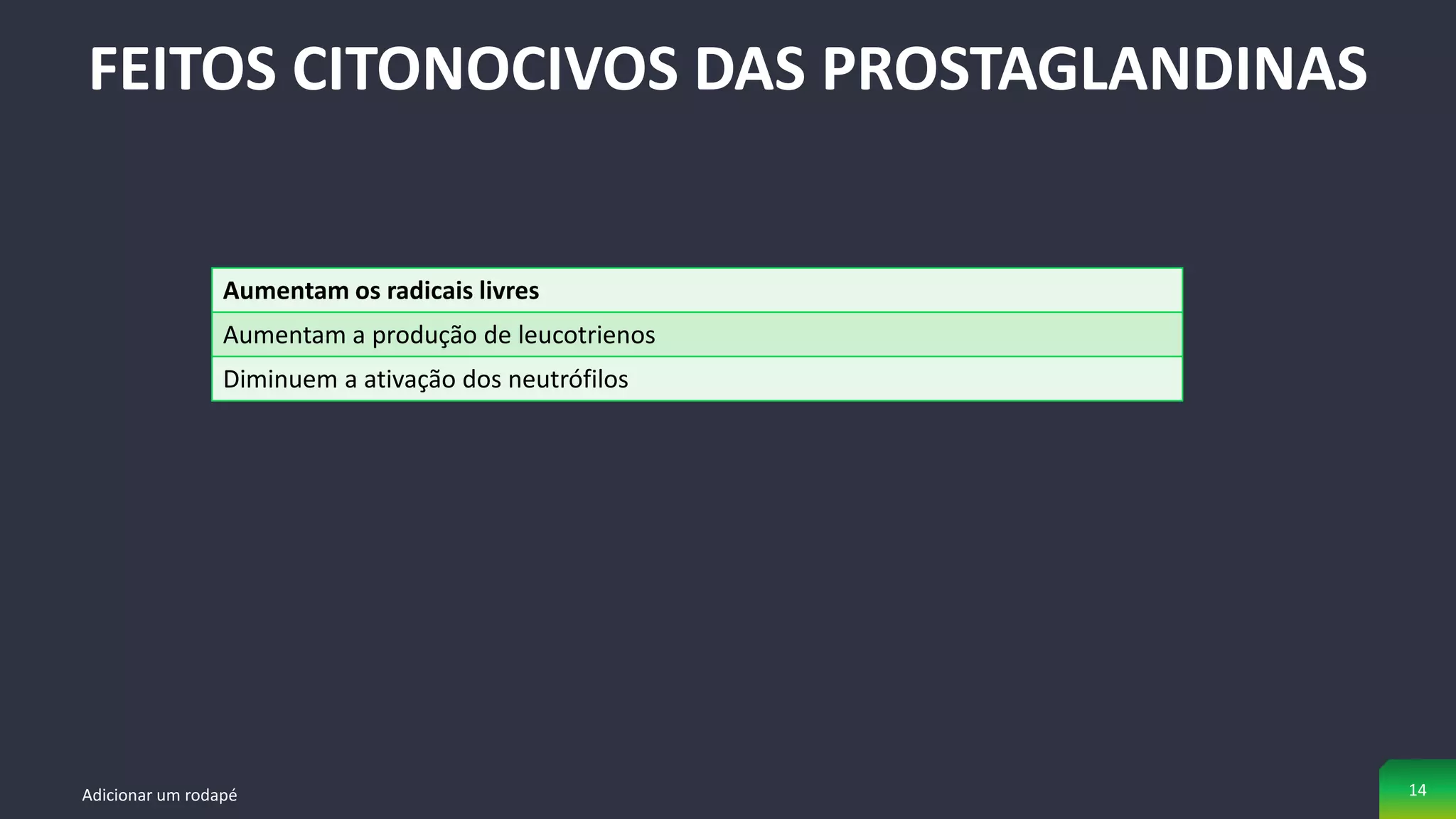 FEITOS CITONOCIVOS DAS PROSTAGLANDINAS
Adicionar um rodapé 14
Aumentam os radicais livres
Aumentam a produção de leucotrienos
Diminuem a ativação dos neutrófilos
 