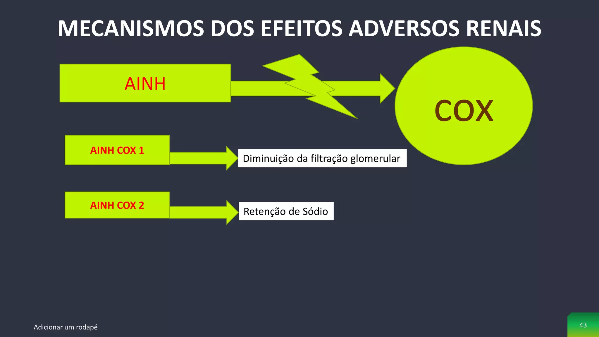 MECANISMOS DOS EFEITOS ADVERSOS RENAIS
Adicionar um rodapé 43
AINH
cox
AINH COX 1
Diminuição da filtração glomerular
AINH COX 2
Retenção de Sódio
 