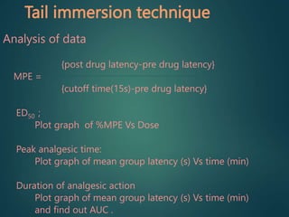 Tail immersion technique
Analysis of data
{post drug latency-pre drug latency}
MPE =
{cutoff time(15s)-pre drug latency}
ED50 ;
Plot graph of %MPE Vs Dose
Peak analgesic time:
Plot graph of mean group latency (s) Vs time (min)
Duration of analgesic action
Plot graph of mean group latency (s) Vs time (min)
and find out AUC .
 