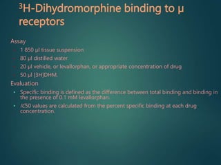 3H-Dihydromorphine binding to µ
receptors
Assay
• 1 850 µl tissue suspension
• 80 µl distilled water
• 20 µl vehicle, or levallorphan, or appropriate concentration of drug
• 50 µl [3H]DHM.
Evaluation
• Specific binding is defined as the difference between total binding and binding in
the presence of 0.1 mM levallorphan.
• IC50 values are calculated from the percent specific binding at each drug
concentration.
 