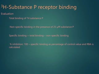 3H-Substance P receptor binding
Evaluation
• Total binding of 3H substance P
• Non-specific binding in the presence of 25 µM substance P
• Specific binding = total binding – non-specific binding
• % inhibition: 100 – specific binding as percentage of control value and RBA is
calculated
 