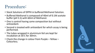 Procedure:
• Stock Solutions of DPPH in buffered Methanol Solution.
• Buffered Methanol is composed of 40ml of 0.1M acetate
buffer (pH 5.5) with 60ml of Methanol.
• One is control having same composition but without
antioxidant.
• Second is treated with antioxidant for which assay is being
performed.
• The tubes wrapped in aluminium foil are kept for
incubation at 30 C for 30min.
• Check the change in colour from Purple – Yellow –
Colourless.
 