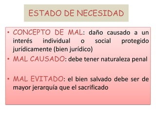 ESTADO DE NECESIDAD
• CONCEPTO DE MAL: daño causado a un
interés individual o social protegido
jurídicamente (bien jurídico)
• MAL CAUSADO: debe tener naturaleza penal
• MAL EVITADO: el bien salvado debe ser de
mayor jerarquía que el sacrificado
 