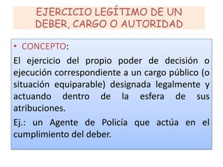 EJERCICIO LEGÍTIMO DE UN
DEBER, CARGO O AUTORIDAD
• CONCEPTO:
El ejercicio del propio poder de decisión o
ejecución correspondiente a un cargo público (o
situación equiparable) designada legalmente y
actuando dentro de la esfera de sus
atribuciones.
Ej.: un Agente de Policía que actúa en el
cumplimiento del deber.
 