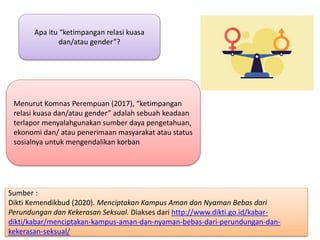 Apa itu “ketimpangan relasi kuasa
dan/atau gender”?
Menurut Komnas Perempuan (2017), “ketimpangan
relasi kuasa dan/atau gender” adalah sebuah keadaan
terlapor menyalahgunakan sumber daya pengetahuan,
ekonomi dan/ atau penerimaan masyarakat atau status
sosialnya untuk mengendalikan korban
Sumber :
Dikti Kemendikbud (2020). Menciptakan Kampus Aman dan Nyaman Bebas dari
Perundungan dan Kekerasan Seksual. Diakses dari http://www.dikti.go.id/kabar-
dikti/kabar/menciptakan-kampus-aman-dan-nyaman-bebas-dari-perundungan-dan-
kekerasan-seksual/
 